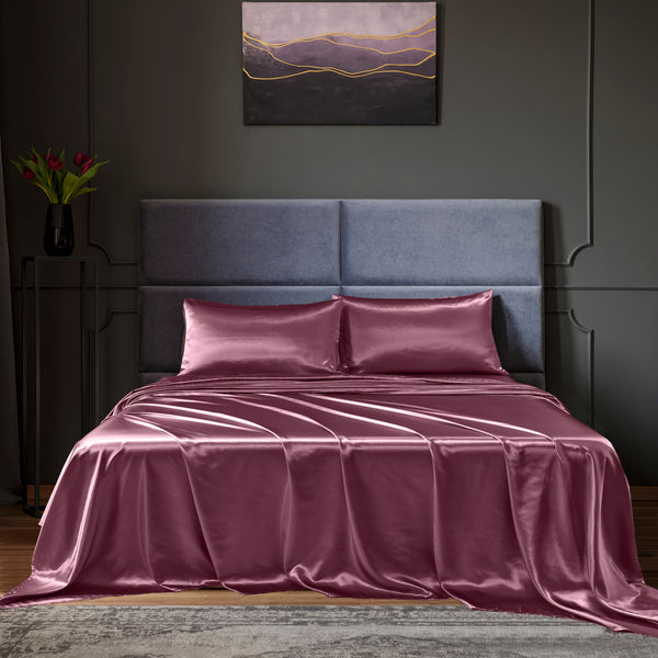 Royal Comfort Satin Sheet Set 4 Piece Fitted Flat Sheet Pillowcases  - King - Malaga Wine Deals499