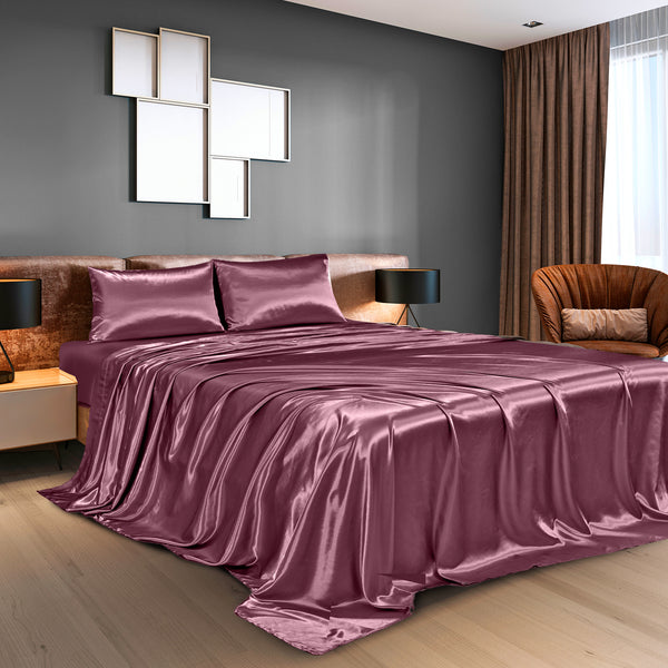 Royal Comfort Satin Sheet Set 4 Piece Fitted Flat Sheet Pillowcases  - King - Malaga Wine Deals499