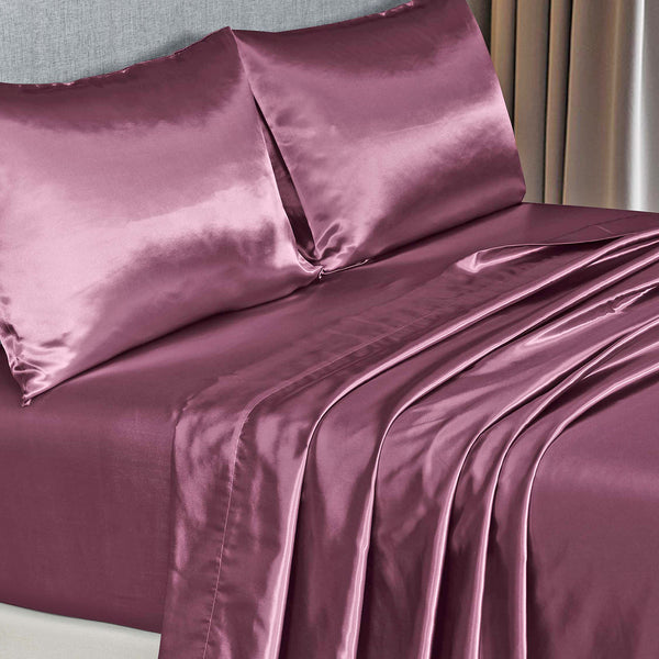 Royal Comfort Satin Sheet Set 4 Piece Fitted Flat Sheet Pillowcases  - King - Malaga Wine Deals499