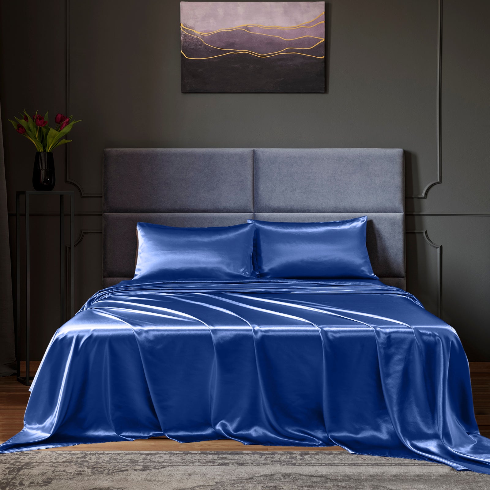 Royal Comfort Satin Sheet Set 4 Piece Fitted Flat Sheet Pillowcases  - King - Navy Blue Deals499