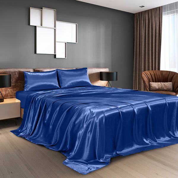 Royal Comfort Satin Sheet Set 4 Piece Fitted Flat Sheet Pillowcases  - King - Navy Blue Deals499