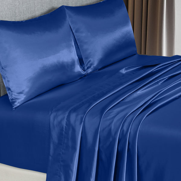 Royal Comfort Satin Sheet Set 4 Piece Fitted Flat Sheet Pillowcases  - King - Navy Blue Deals499