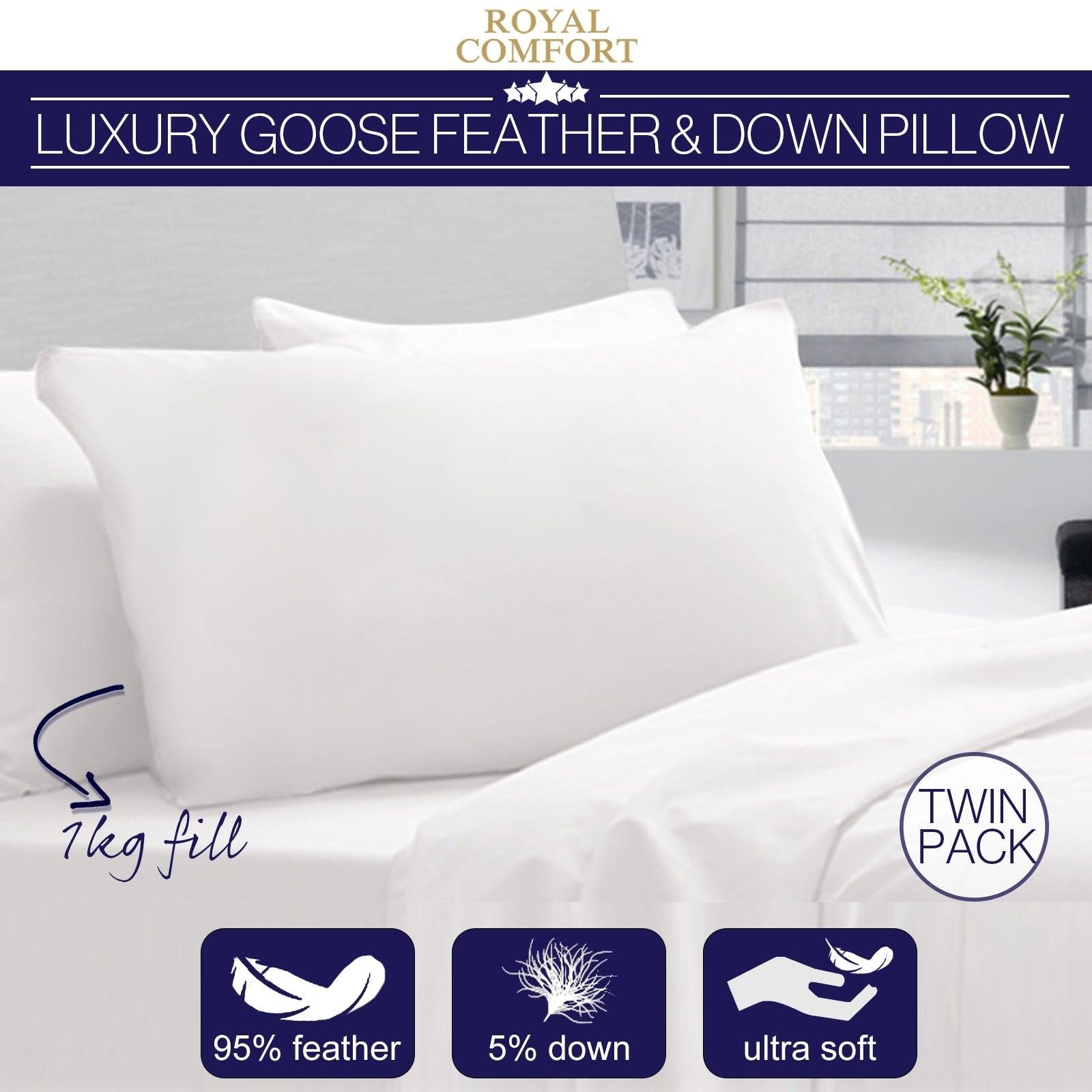 Royal Comfort Goose Down Feather Pillows 1000GSM 100% Cotton Cover - Twin Pack 50 x 75 cm White Deals499