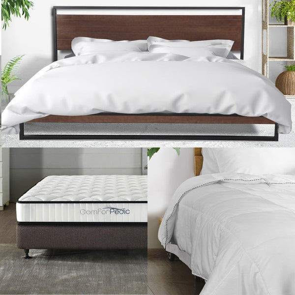 Azure Bed Frame + Comforpedic Mattress 250GSM Bamboo Quilt Package Deal Set King Deals499