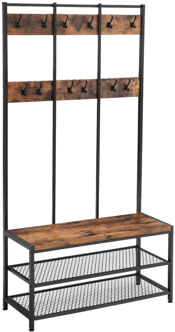 Large Coat Rack Stand with 12 Hooks and Shoe Bench Rustic Brown and Black Deals499