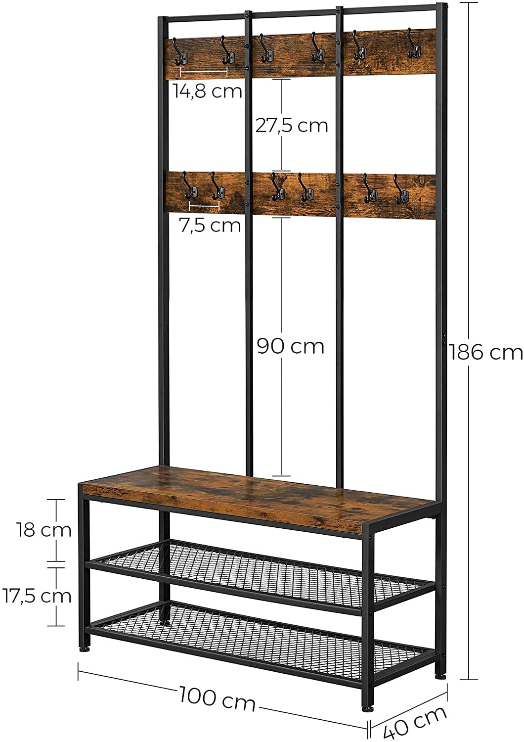 Large Coat Rack Stand with 12 Hooks and Shoe Bench Rustic Brown and Black Deals499