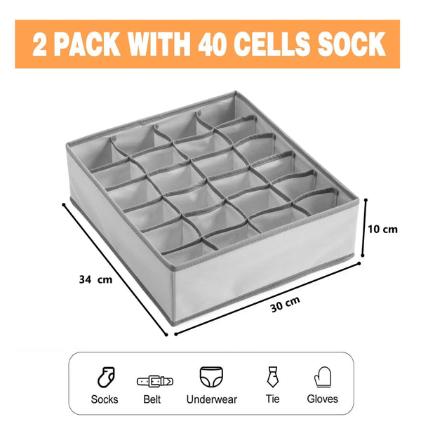 Set of 2 Fabric Drawer Organizer Divider Storage Boxes for Storing Socks, Underwear, Ties, Scarves (Grey) from Deals499 at Deals499