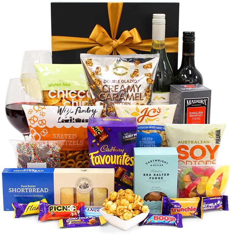 Wine Party Box Gift Hamper - Golden Ranges Shiraz & Sauvignon Blanc 750ml, Nuts, Fudge & Chocolate - Gift Hamper for Birthdays, Graduations, Christmas, Easter, Holidays, Anniversaries, Weddings Deals499