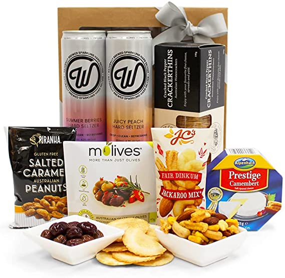 Seltzer & Snacks Gift Hamper - Seltzers, Crackers, Olives, Cheese & Nuts - Sweet & Savoury Gift Hamper Box for Birthdays, Christmas, Easter, Weddings, Receptions, Anniversaries, Office & College Parties Deals499