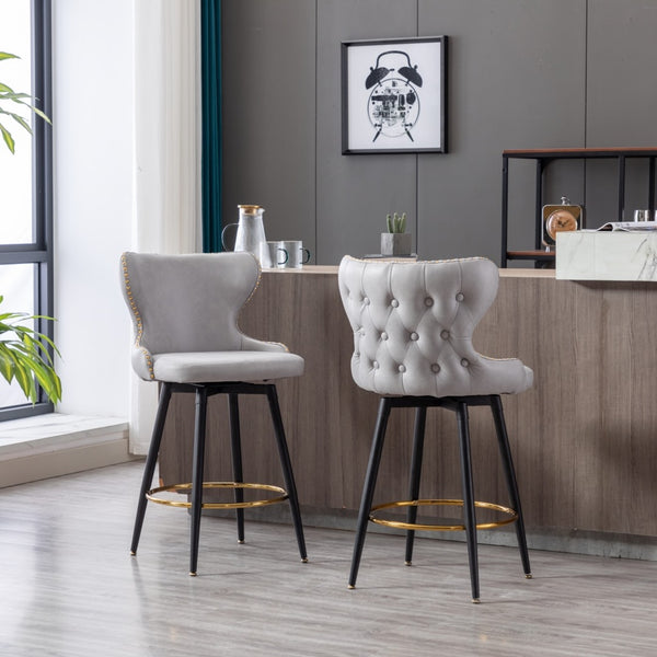 2x Swivel Bar Stools Tufted Counter Chairs with Stud Trim and Metal Base-Light Grey Deals499