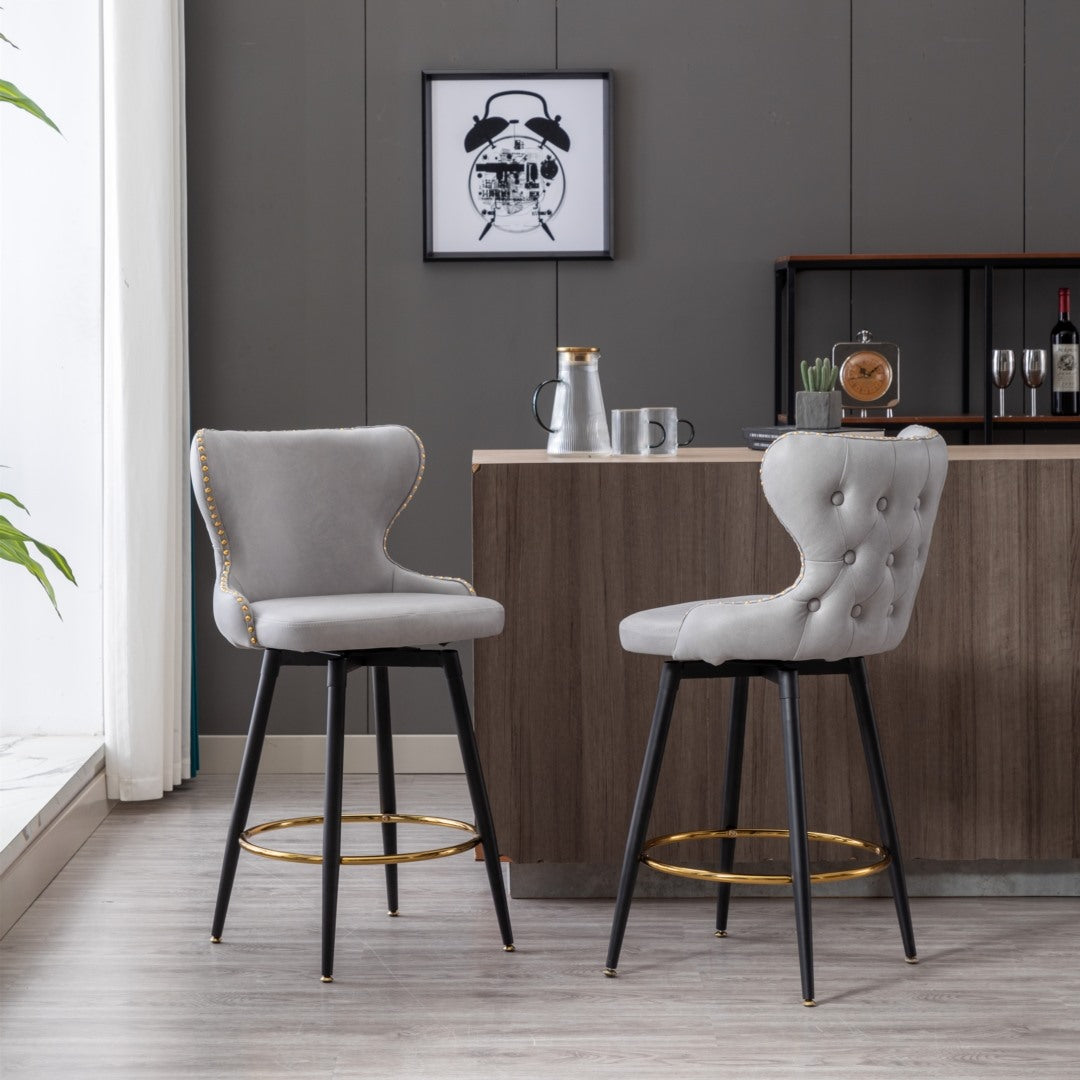 2x Swivel Bar Stools Tufted Counter Chairs with Stud Trim and Metal Base-Light Grey Deals499