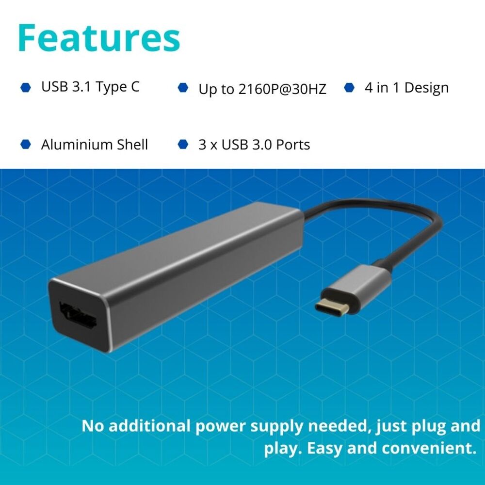 VCOM USB Type C to USB3.0*3+HDMI 4 in 1 Hub (Aluminium Shell) - DH318 Deals499