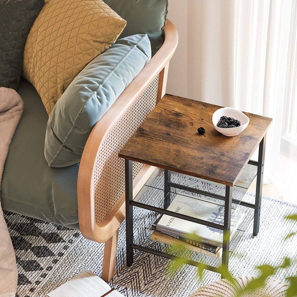 VASAGLE Side Table Nightstand End Table with 2 Adjustable Mesh Shelves Rustic Brown and Black LET23X Deals499