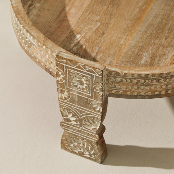 Tree Stripes Maala Hand Carved Chakki Accent Coffee Table (Whitewash) - Large Deals499