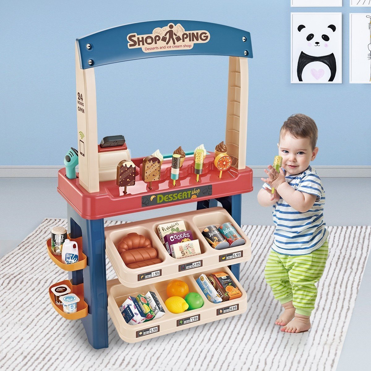 Kids Supermarket Ice Cream Cart Shop Dessert Food Pretend Role Play Set Toy Gift Blue Deals499