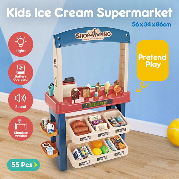 Kids Supermarket Ice Cream Cart Shop Dessert Food Pretend Role Play Set Toy Gift Blue Deals499