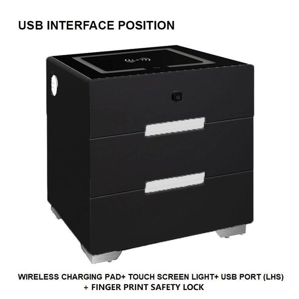 Smart Bedside Tables Finger Print Lock Side 3 Drawers Wireless Charging USB Nightstand LED  AU Deals499