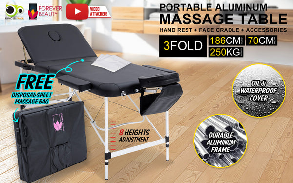 Forever Beauty Black Portable Beauty Massage Table Bed Therapy Waxing 3 Fold 70cm Aluminium Deals499