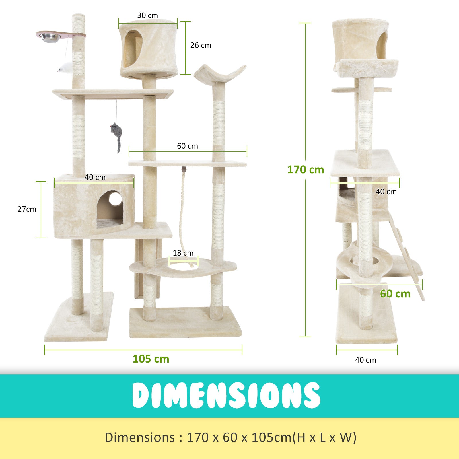 Paw Mate 170cm Beige Cat Tree Danie Multi Level Scratcher Deals499