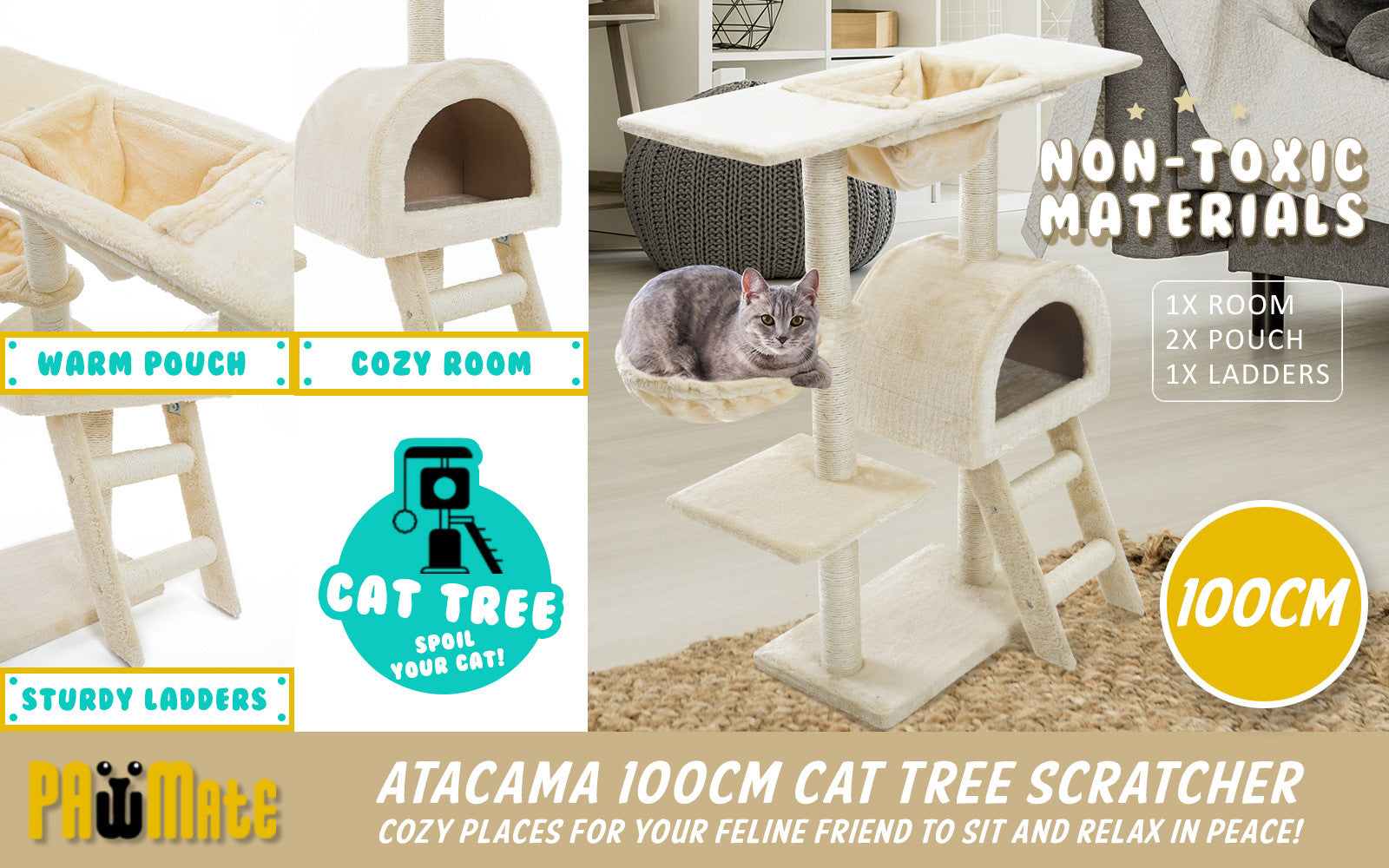 Paw Mate 100cm Beige Cat Tree Atacama Multi Level Scratcher Deals499