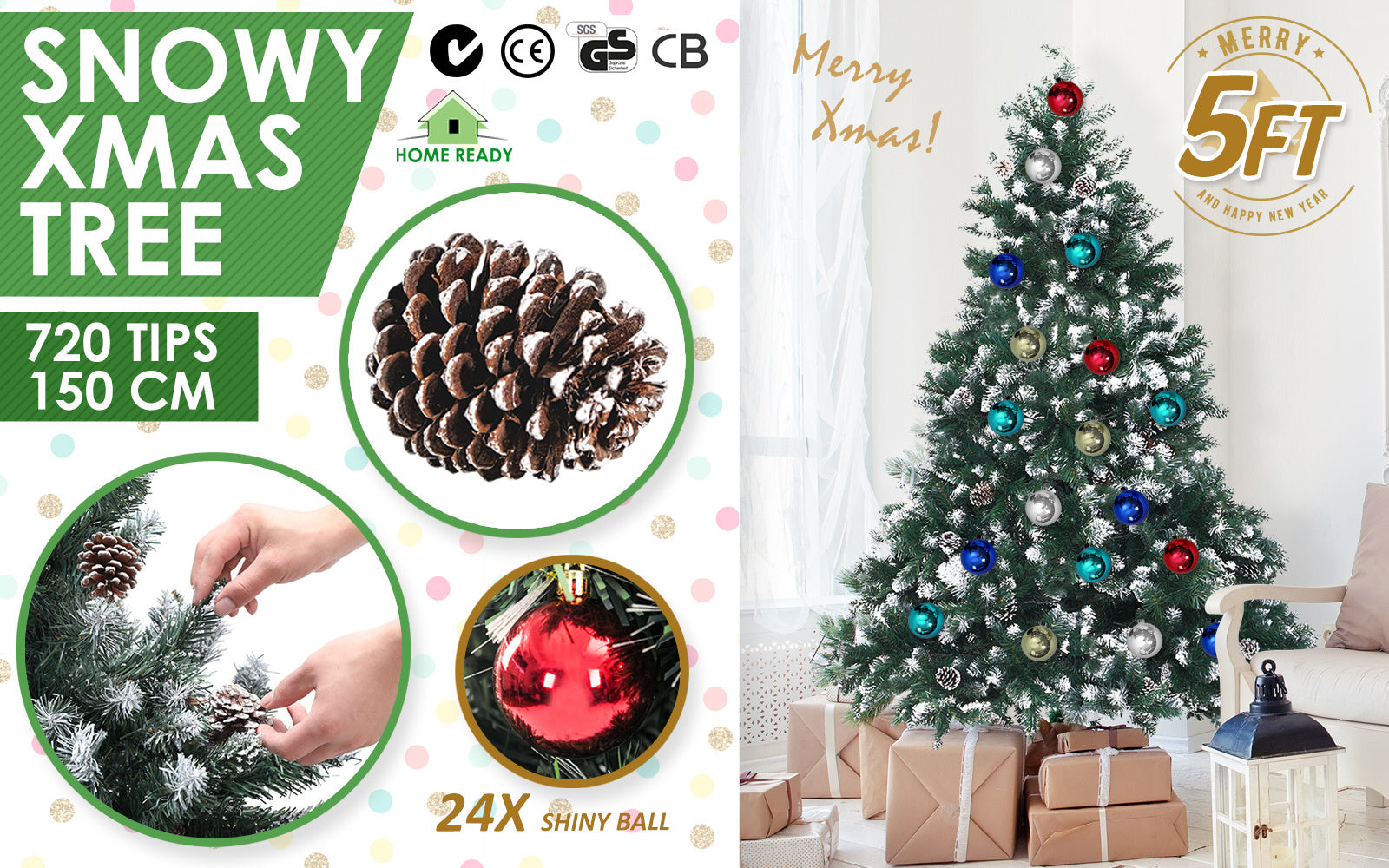 Home Ready 5Ft 150cm 720 tips Green Snowy Christmas Tree Xmas Pine Cones + Bauble Balls Deals499