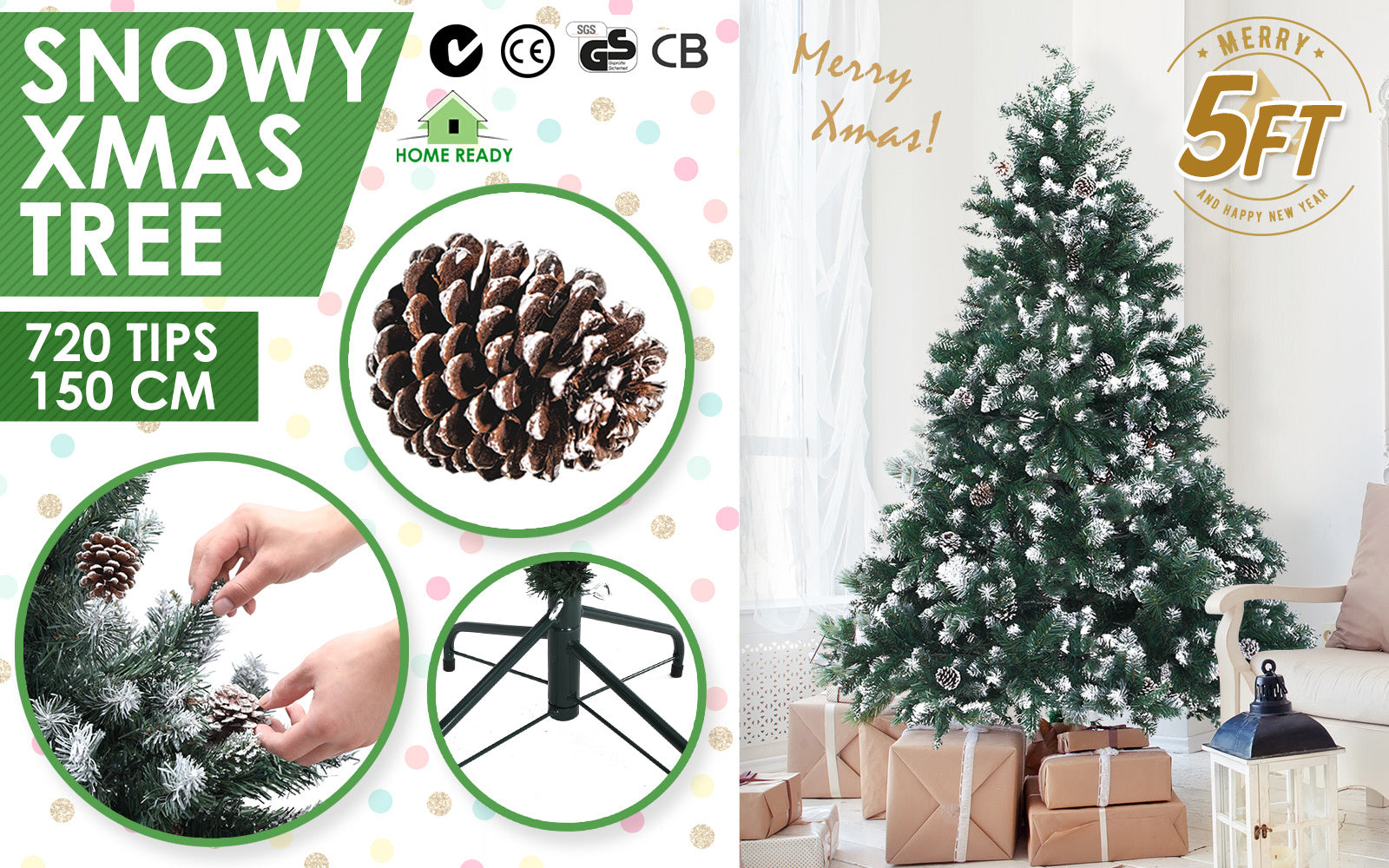 Home Ready 5Ft 150cm 720 tips Green Snowy Christmas Tree Xmas Pine Cones Deals499