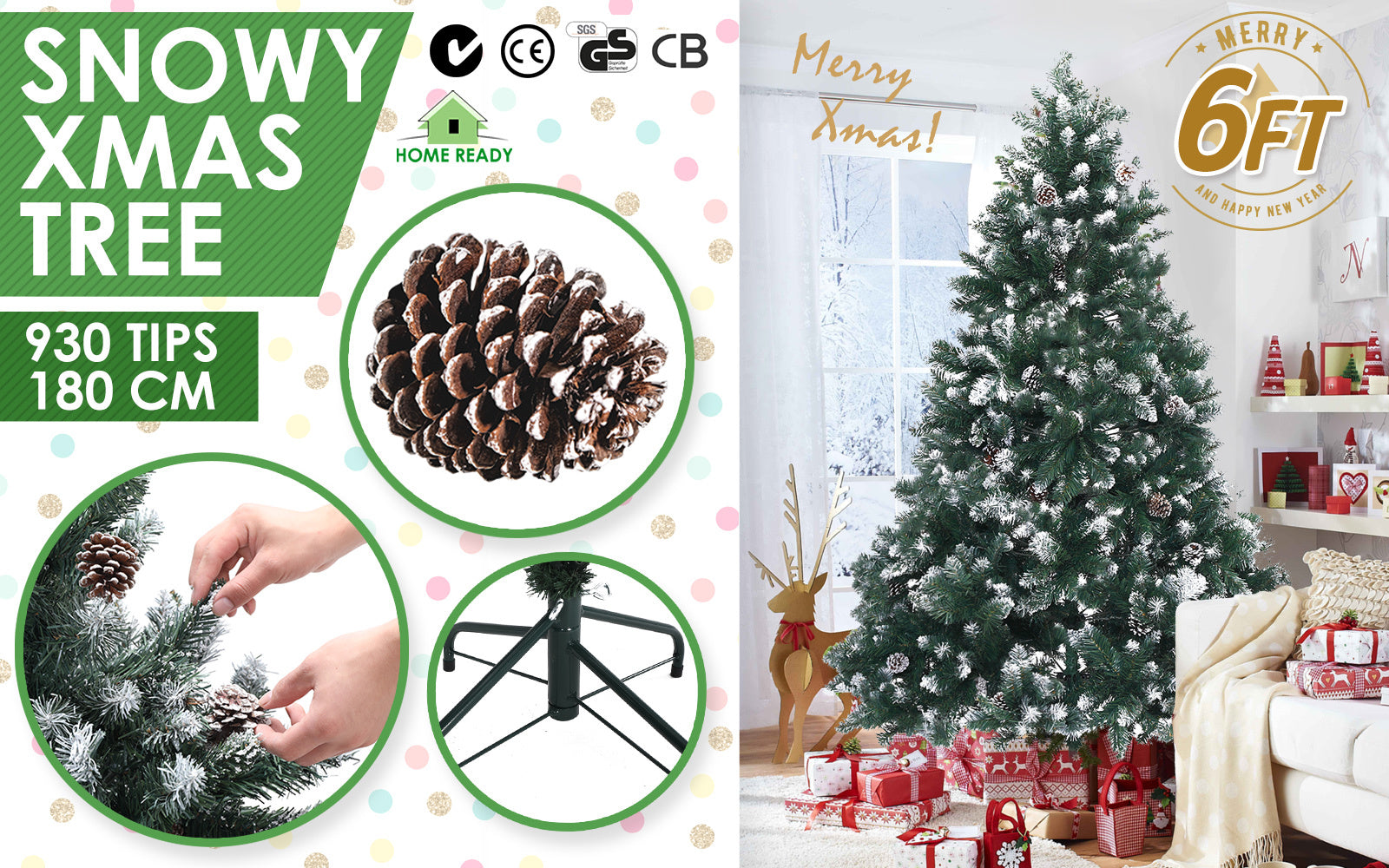 Home Ready 6Ft 180cm 930 tips Green Snowy Christmas Tree Xmas Pine Cones Deals499