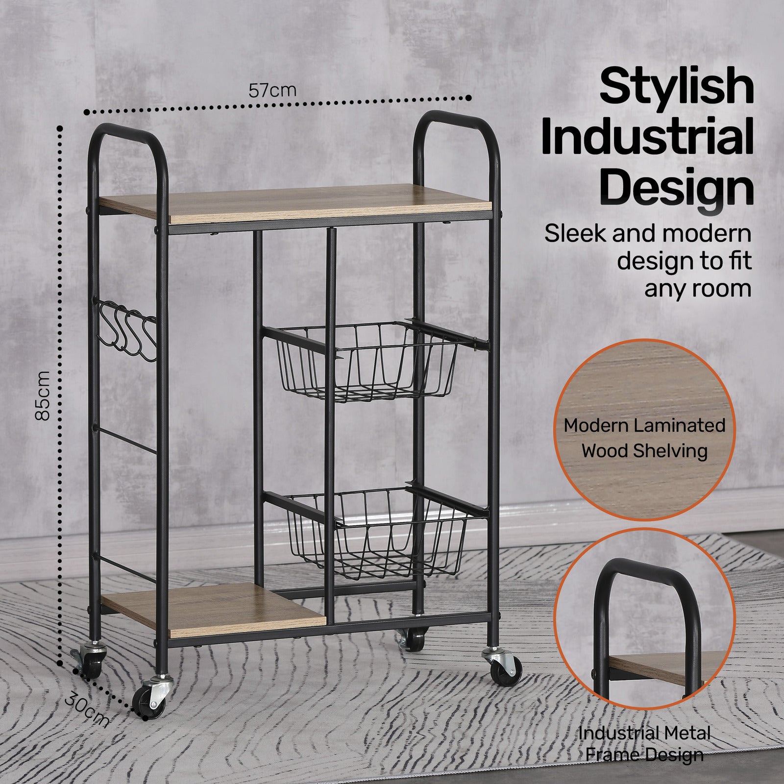 Home Master Kitchen Trolley 2 Tier Stylish Modern Industrial Design 85cm Deals499