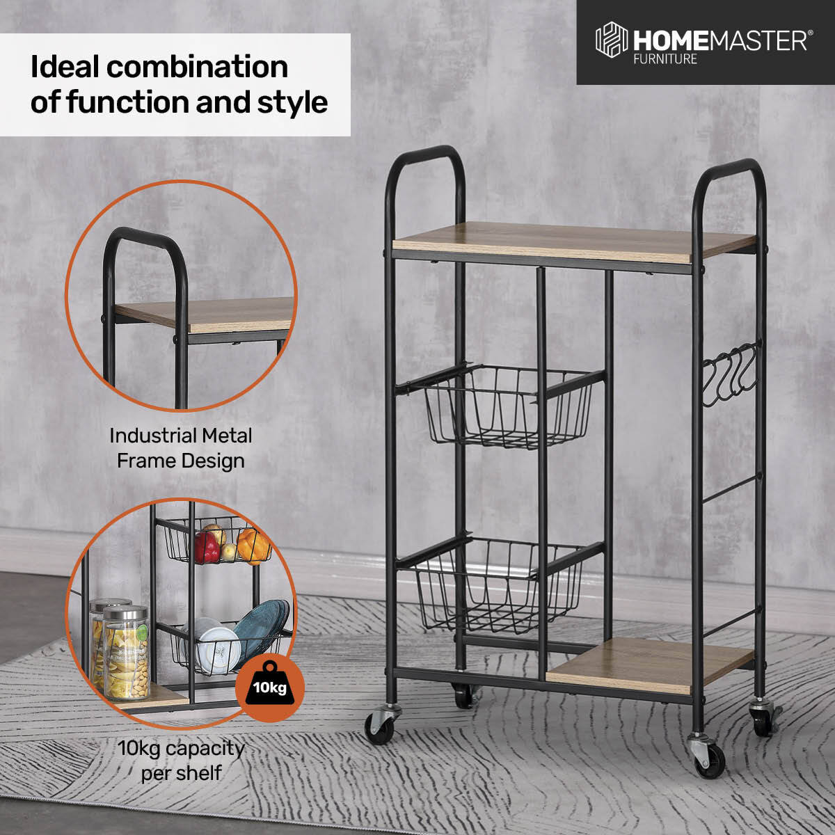 Home Master Kitchen Trolley 2 Tier Stylish Modern Industrial Design 85cm Deals499