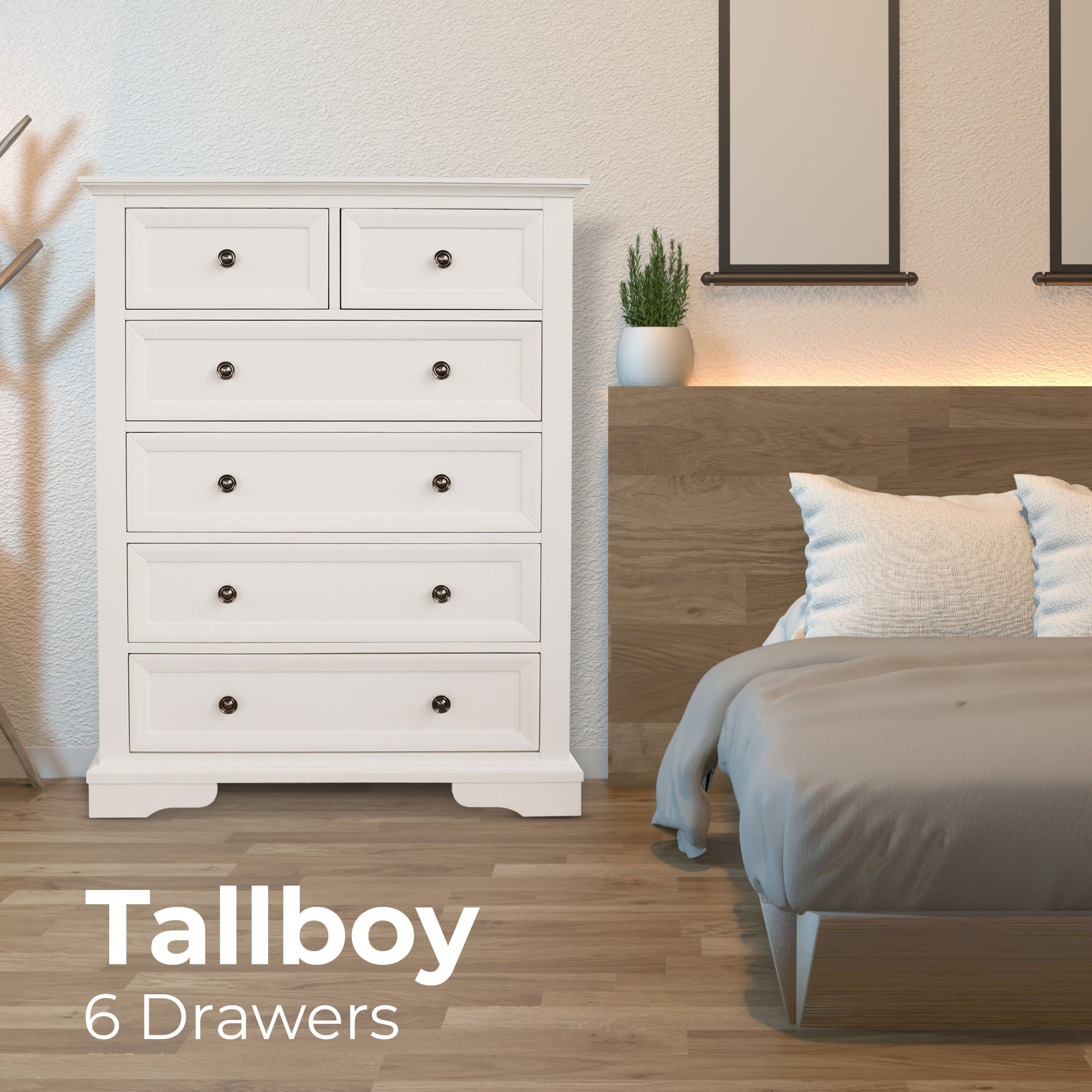 Celosia Tallboy 6 Chest of Drawers Solid Acacia Wood Bed Storage Cabinet - White Deals499