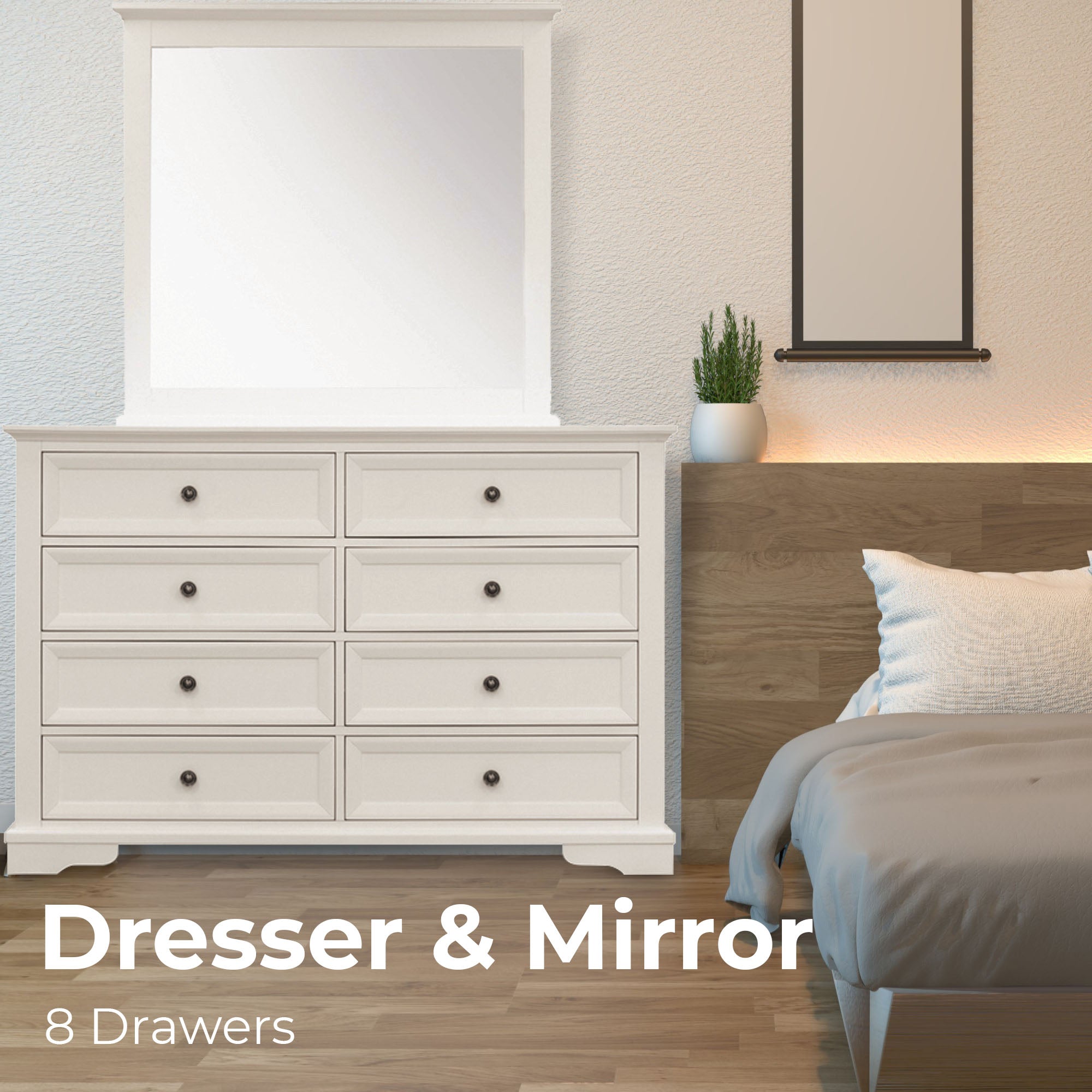 Celosia Dresser Mirror 8 Chest of Drawers Bedroom Timber Storage Cabinet - White Deals499