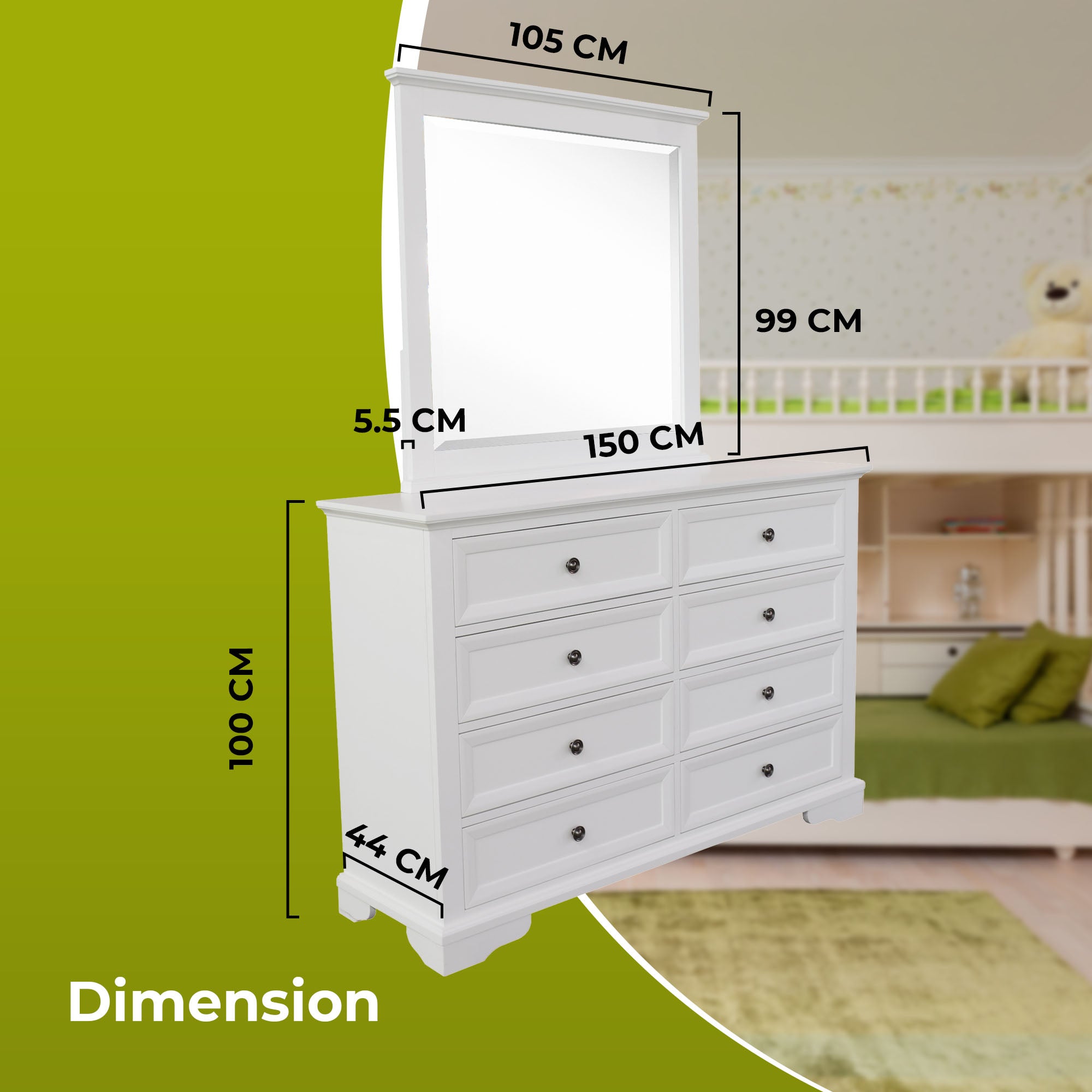 Celosia Dresser Mirror 8 Chest of Drawers Bedroom Timber Storage Cabinet - White Deals499