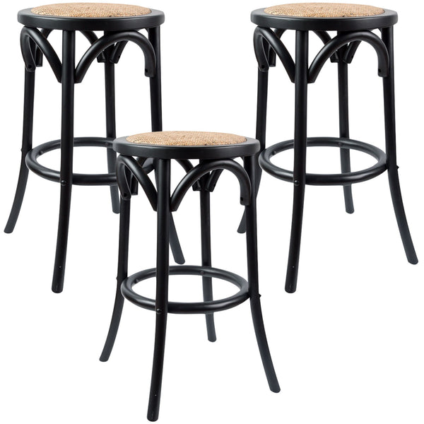 Aster 3pc Round Bar Stools Dining Stool Chair Solid Birch Wood Rattan Seat Black Deals499