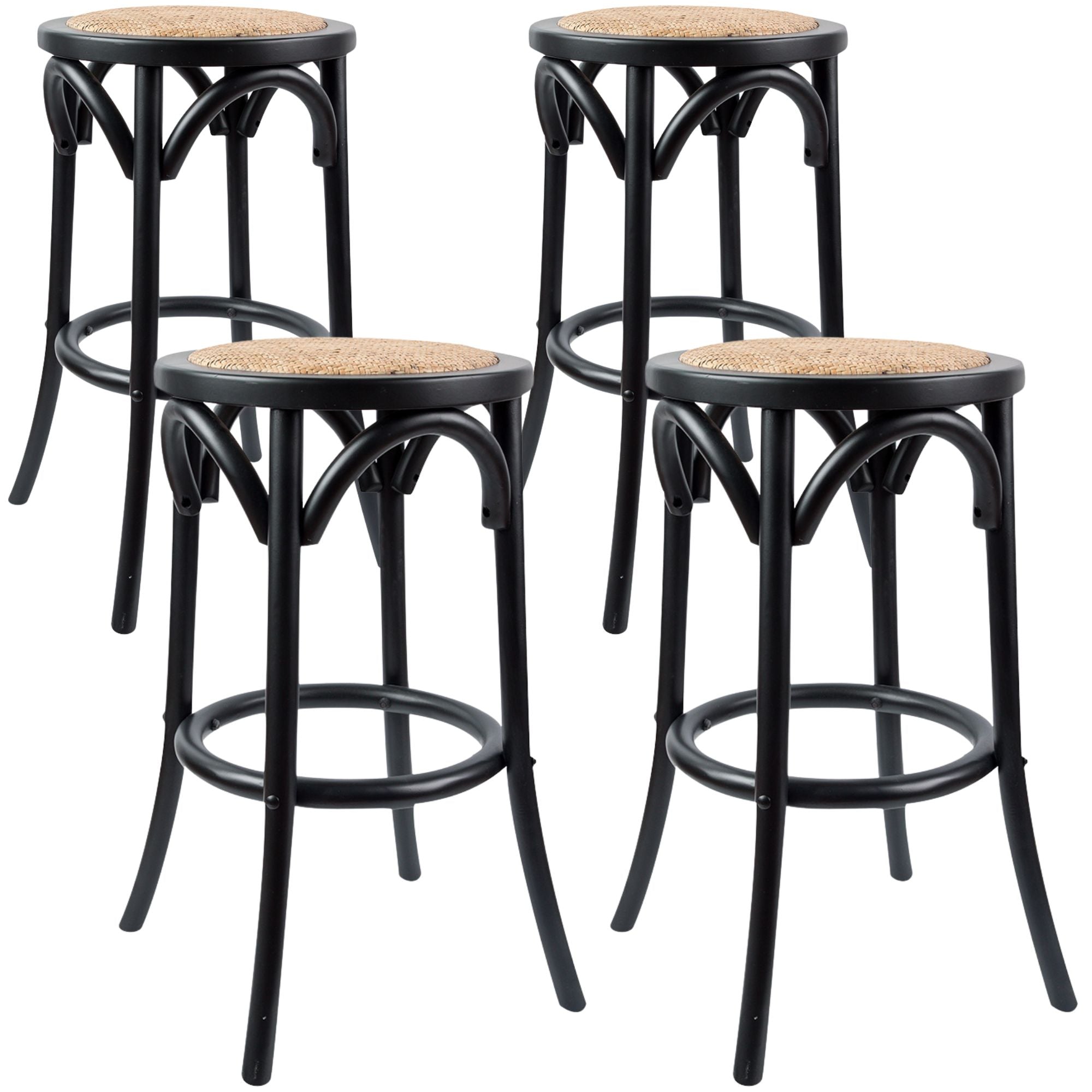 Aster 4pc Round Bar Stools Dining Stool Chair Solid Birch Wood Rattan Seat Black Deals499