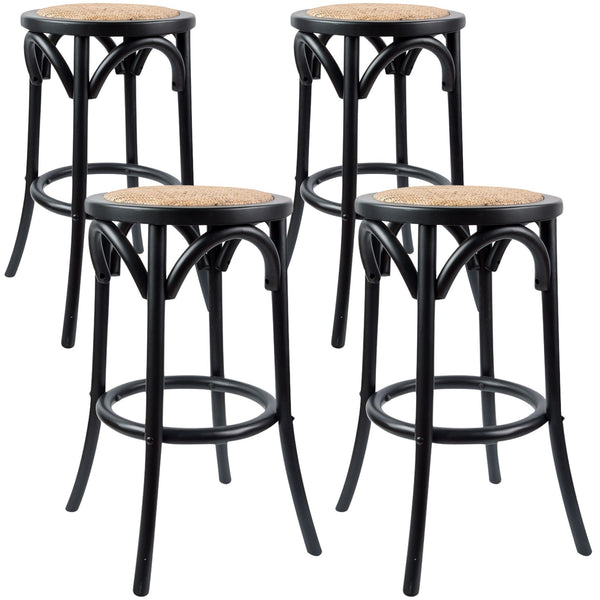 Aster 4pc Round Bar Stools Dining Stool Chair Solid Birch Wood Rattan Seat Black Deals499