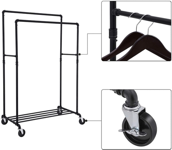 SONGMICS Industrial Pipe with Double Hanging Rail Clothes Rack on Wheels load of 110 Kg from Deals499 at Deals499