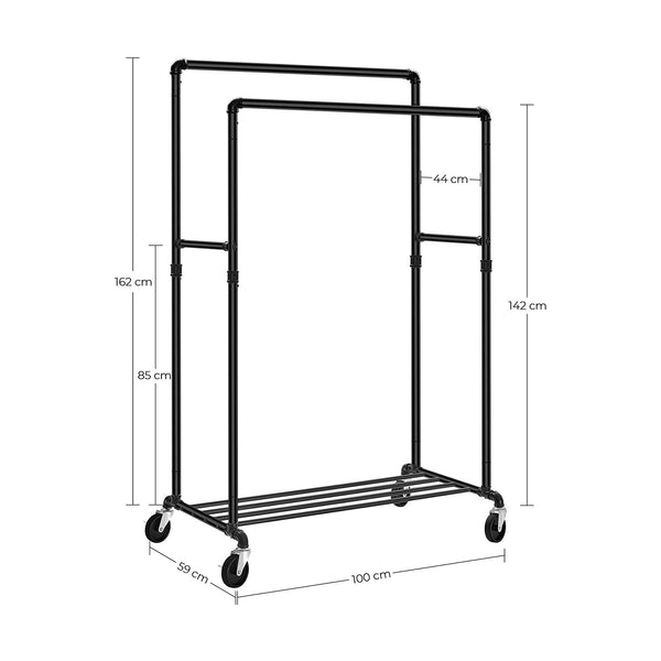 SONGMICS Industrial Pipe with Double Hanging Rail Clothes Rack on Wheels load of 110 Kg from Deals499 at Deals499