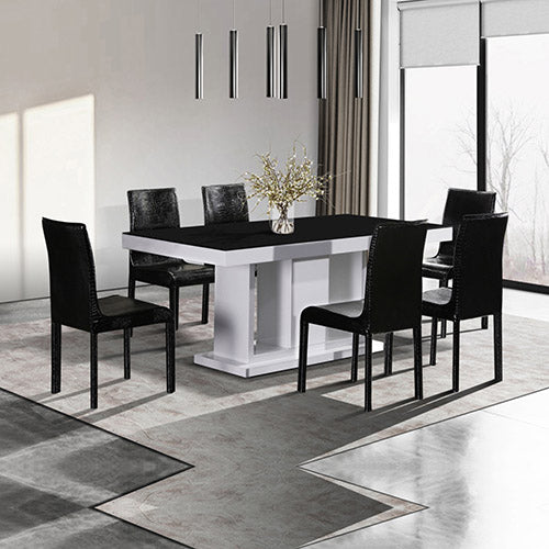 7 Pieces Dining Suite Dining Table & 6X  Black Chairs in Rectangular Shape High Glossy MDF Wooden Base Combination of Black & White Colour Deals499