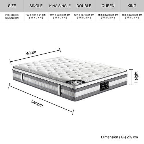 Mattress Euro Top Single Size Pocket Spring Coil with Knitted Fabric Medium Firm 34cm Thick Deals499