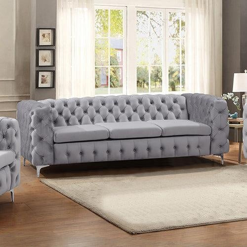 3 Seater Sofa Classic Button Tufted Lounge in Grey Velvet Fabric with Metal Legs Deals499