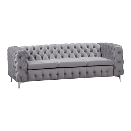 3 Seater Sofa Classic Button Tufted Lounge in Grey Velvet Fabric with Metal Legs Deals499