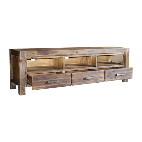 TV Cabinet with 3 Storage Drawers with Shelf Solid Acacia Wooden Frame Entertainment Unit in Chocolate Colour Deals499