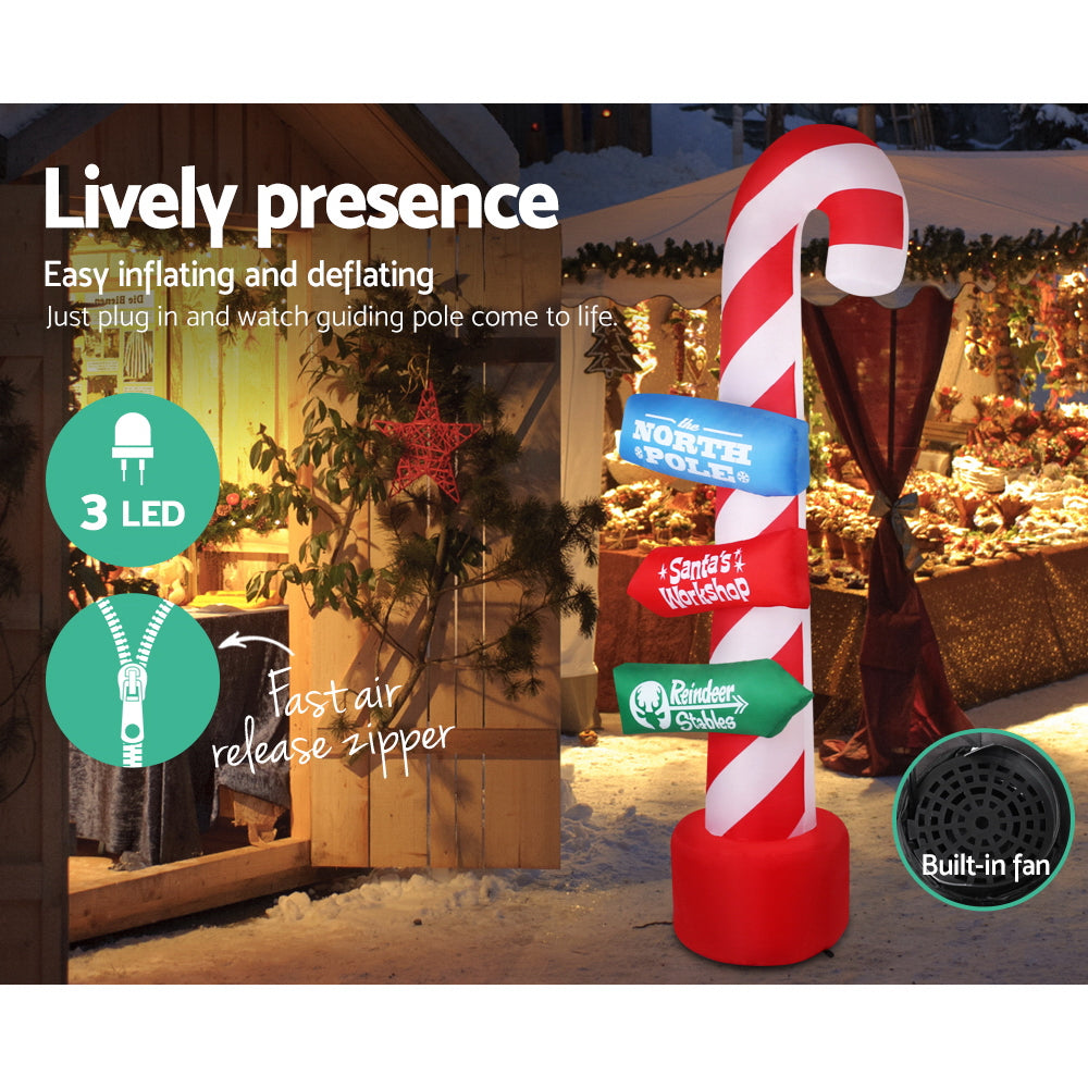 Jingle Jollys 2.4M Christmas Inflatable Santa Guide Candy Pole Xmas Decor LED Deals499