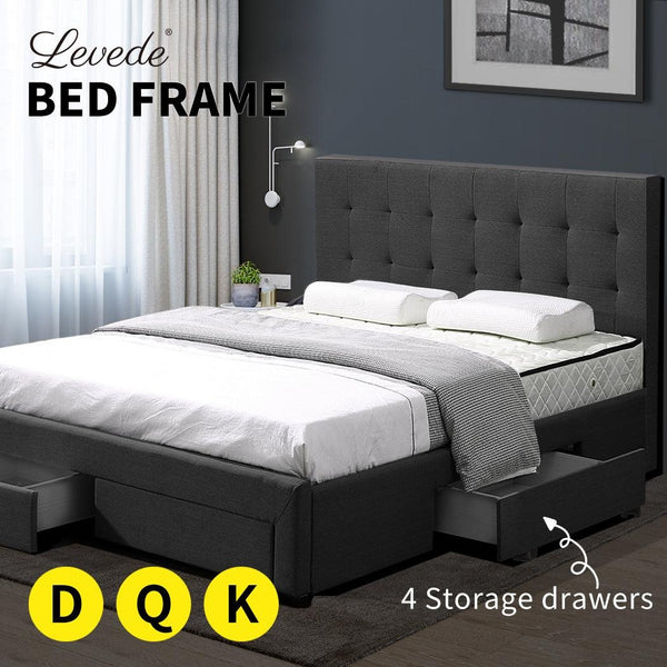 Levede Bed Frame Base With Storage Drawer Mattress Wooden Fabric King Dark Grey Deals499