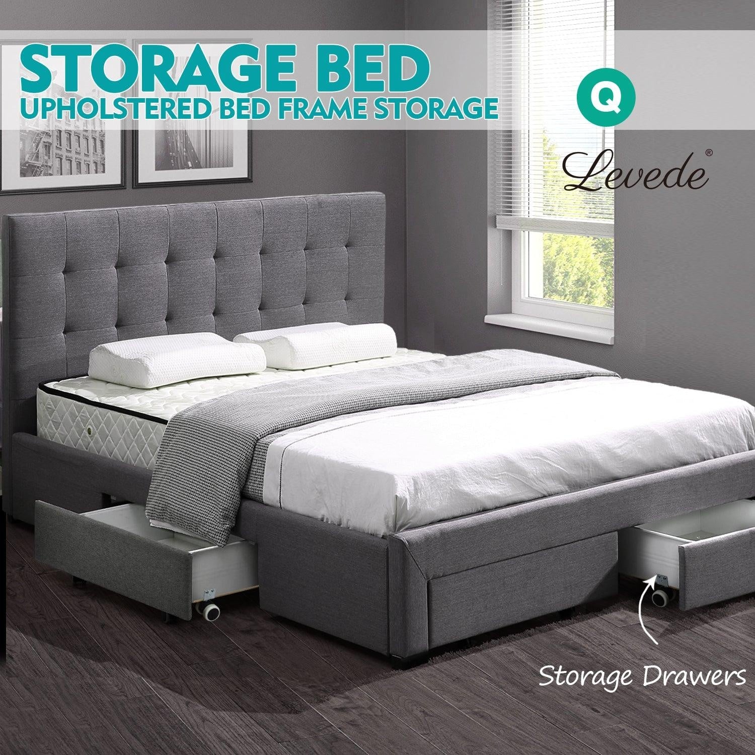 Levede Bed Frame Double King Fabric With Drawers Storage Wooden Mattress Grey Deals499