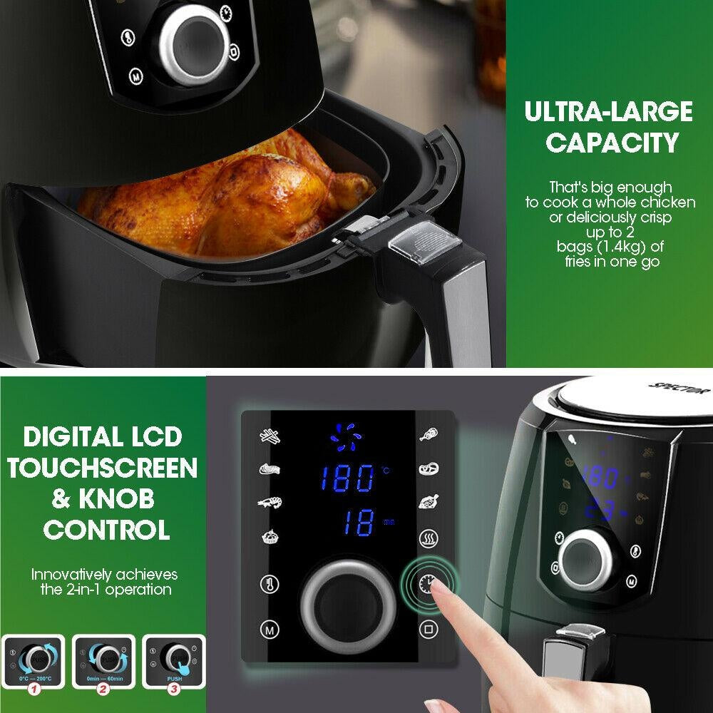 Spector New 7L Air Fryer LCD Health Cooker Low Oil Rapid Deep Frying 1800W Black Deals499