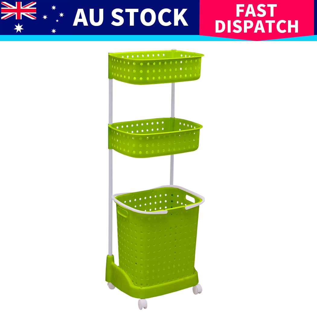 3 Tier Bathroom Laundry Clothes Baskets Bin Hamper Mobile Rack Removable Shelf Deals499