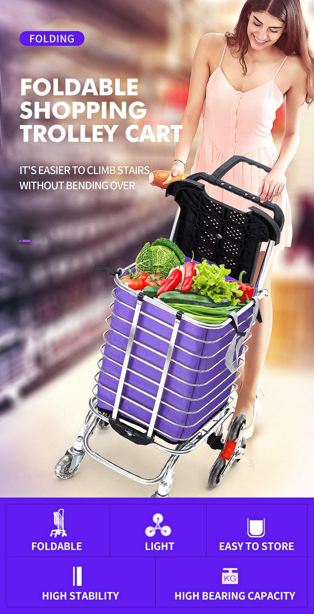 Foldable Shopping Cart Trolley Stainless Steel Basket Luggage Grocery Portable Deals499