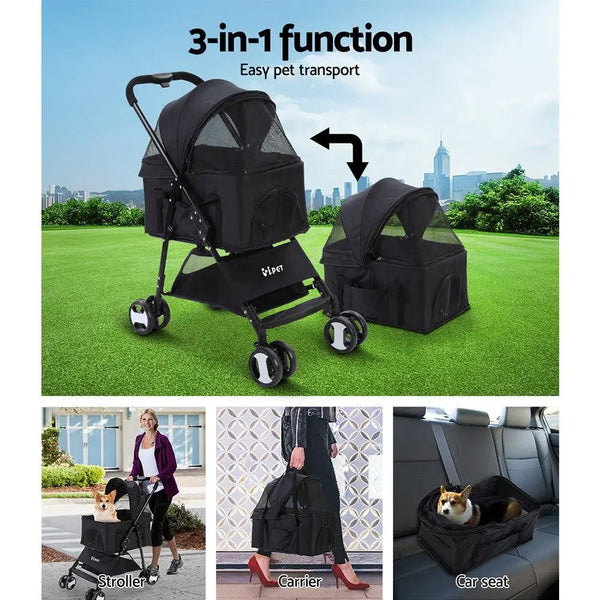 i.Pet Pet Stroller Dog Carrier Foldable Pram 3 IN 1 Middle Size Black Deals499