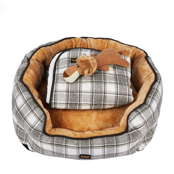 PaWz Pet Bed Set Dog Cat Quilted Blanket Squeaky Toy Calming Warm Soft Nest Checkered L Deals499